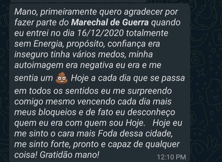 Print de mensagem de aluno descrevendo a mudança de autoimagem negativa para se sentir forte e capaz