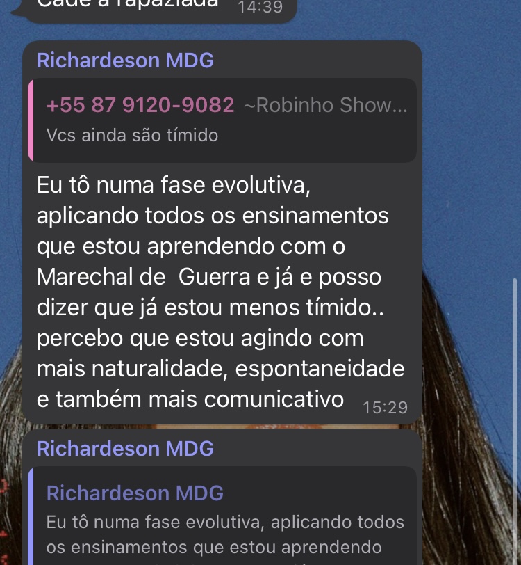 Print de mensagem do aluno Richardeson relatando estar menos tímido e mais comunicativo