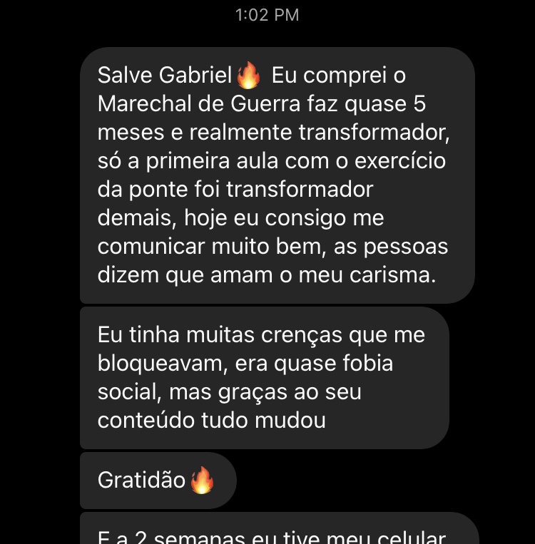 Print de mensagem de aluno contando que superou a fobia social e hoje é elogiado pelo carisma