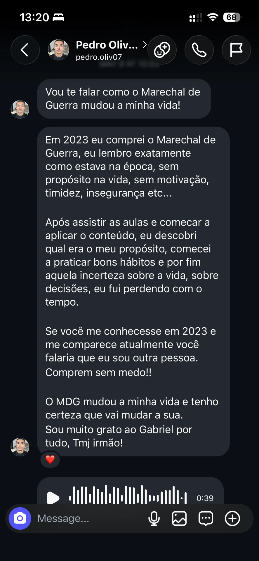 Print de mensagem do aluno Pedro contando como encontrou propósito e perdeu a insegurança